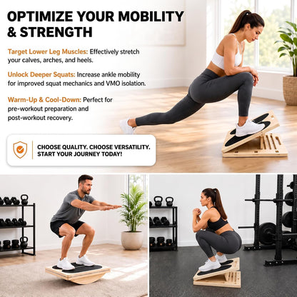 3-in-1 Adjustable Slant Board & 180°/360° Balance Board - Wooden Calf Stretcher and Squat Wedge - 5 Angle Incline Board for Stretching Equipment & Exercise - Includes Resistance Band - (400LBS)