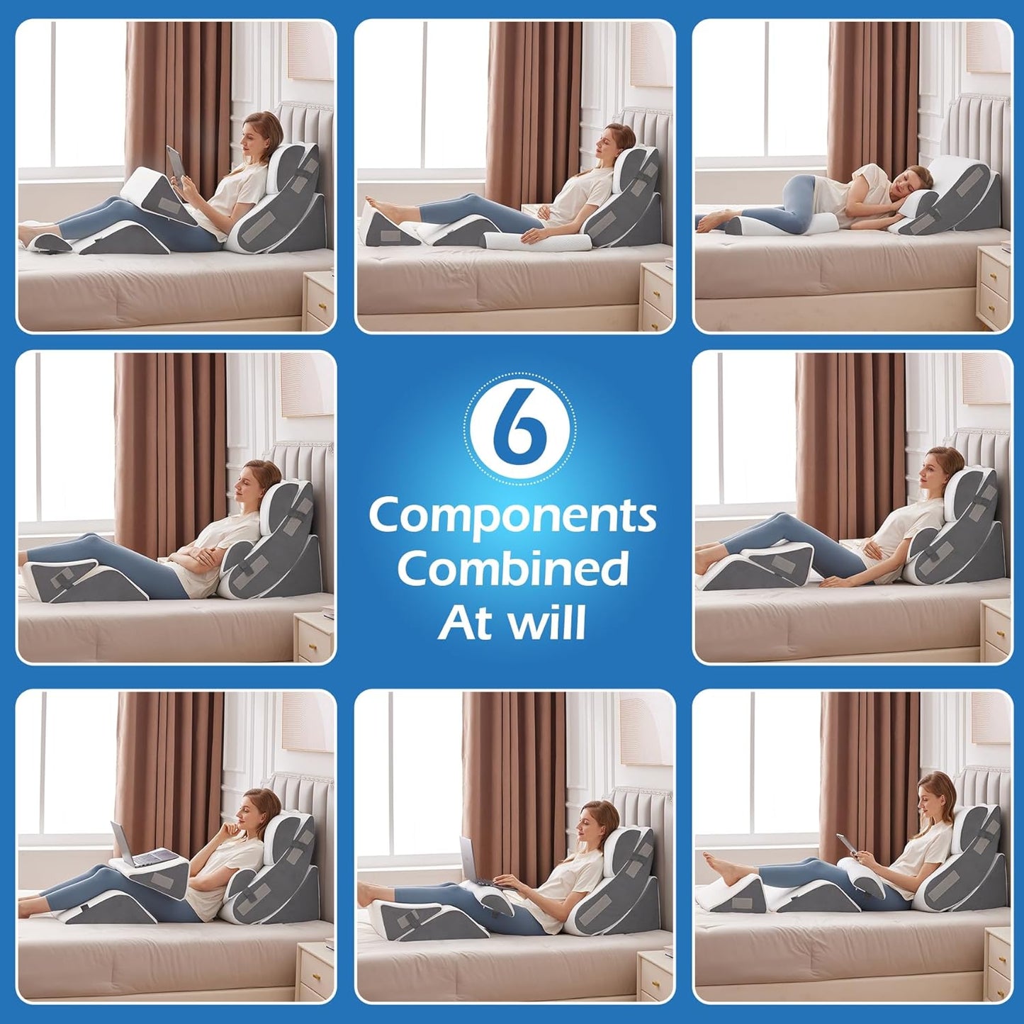 Ahpmeoa 6PCS Wedge Pillow Set for After Surgery, Orthopedic Bed Wedge Pillow for Headboard, Memory Foam Back Pillow for Bed Sitting Up, Sit Up Pillow for Acid Reflux Relief, GERD, Anti Snoring (White)