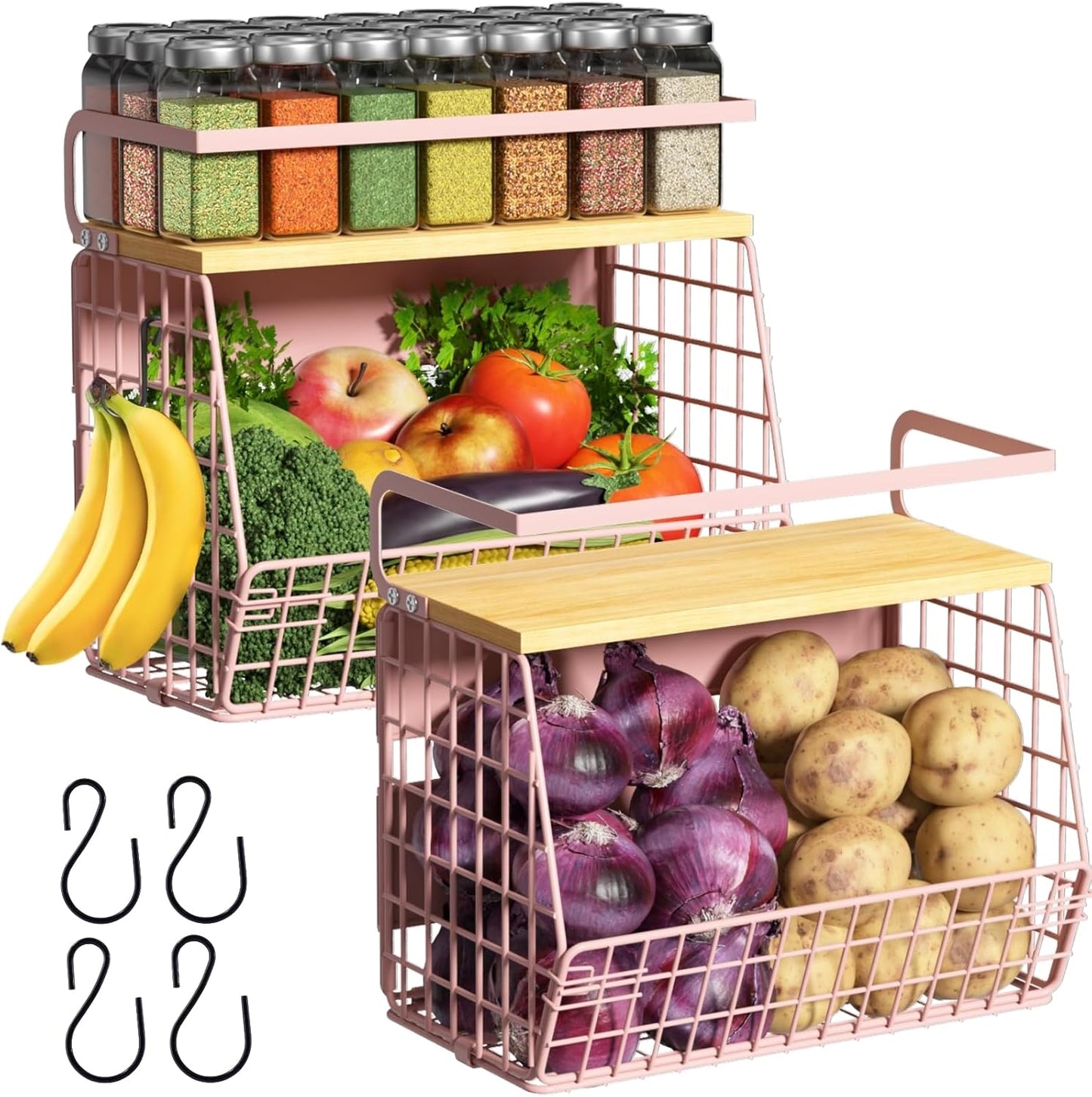 Magnetic Shelf for Fridge with Wood Lid, Fruit Potato and Onion Storage Bins, Pantry Organizers & Storage, Large Container Magnetic Spice Rack for Refrigerator, Kitchen Counter, Cabinet | Strong magnet holds 50lbs, ventilated bin for produce, versatile