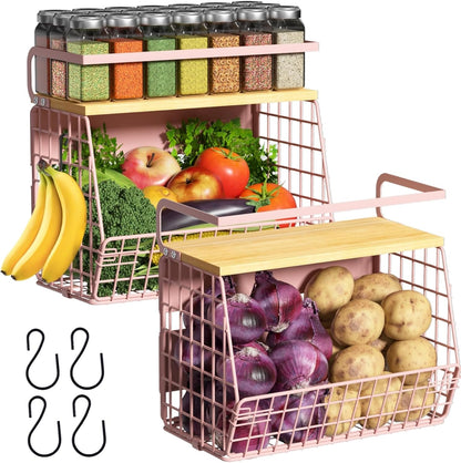 Magnetic Shelf for Fridge with Wood Lid, Fruit Potato and Onion Storage Bins, Pantry Organizers & Storage, Large Container Magnetic Spice Rack for Refrigerator, Kitchen Counter, Cabinet | Strong magnet holds 50lbs, ventilated bin for produce, versatile