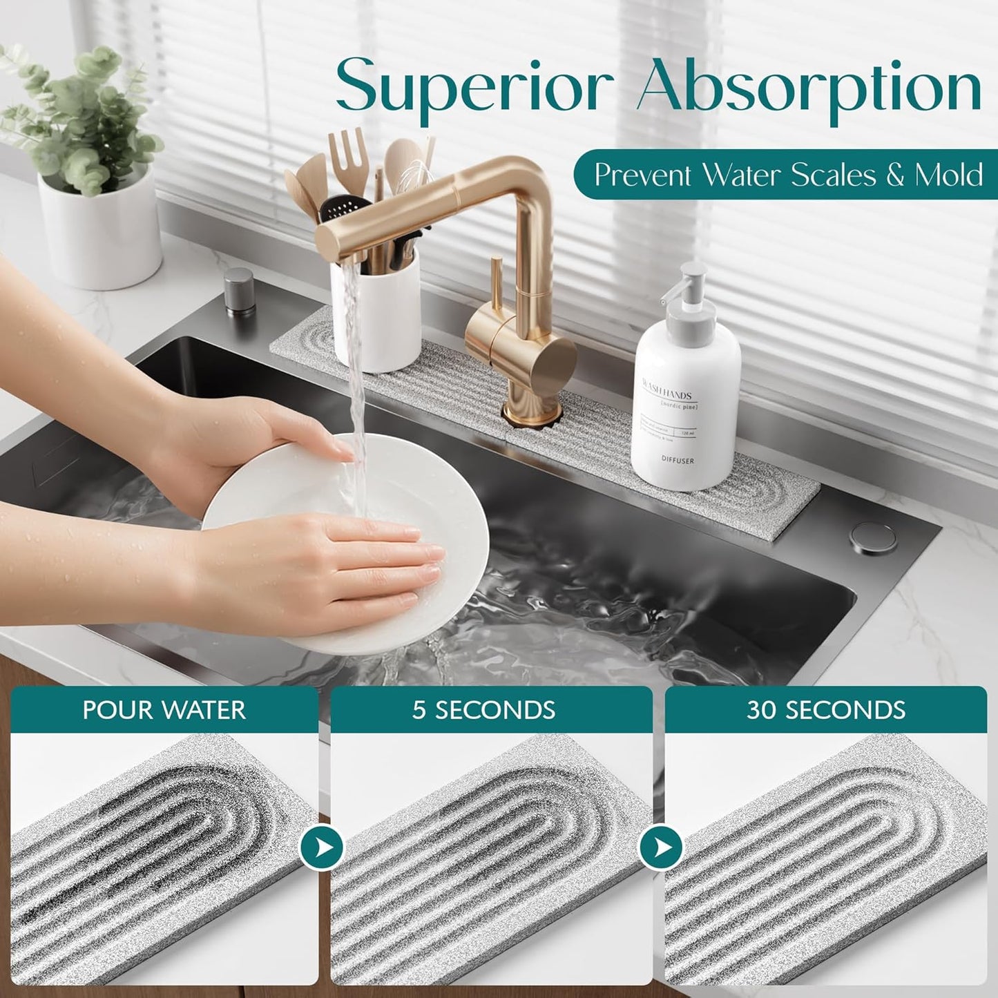 Stone Faucet Mat for Kitchen Sink – Diatomite Drying Stone Mat & Sink Protector, Prevents Moisture – Sink Splash Guard Water-Absorbing Stone Tray for Bathroom Counter (Light Grey, 20" x 3.9")