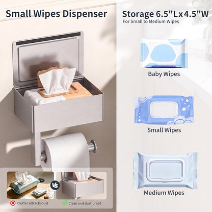 FORIOUS Toilet Paper Holder with Shelf, Wall-Mounted Modern Wipes Dispenser | Brushed Nickel | Toilet Paper Holder with Storage for Bathroom | Fits Wipes, Sanitary Napkin, Tampon | 8.0"x5.3" Large Shelf