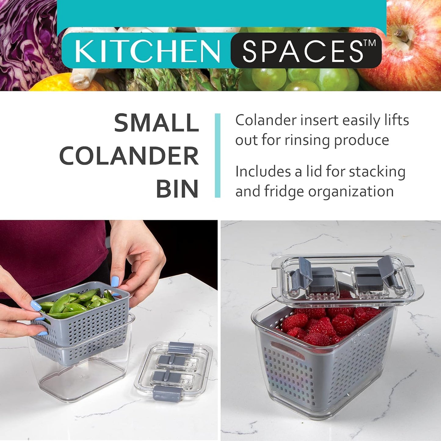 Kitchen Spaces Stackable Fridge Storage Colander Containers, Variety Pack | 3 Sizes to Store Fresh Produce, Organize Washed Fruits and Veggies, Snap and Seal Lids with Adjustable Vents, Hand Wash Only