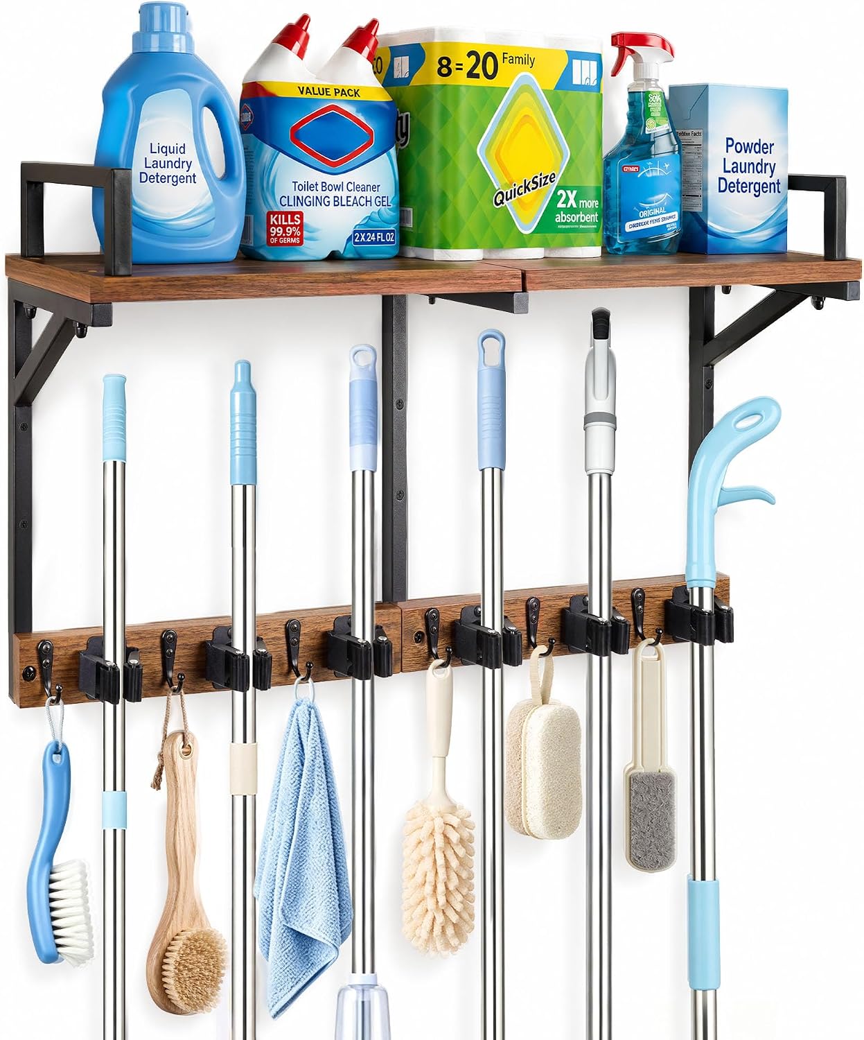 Lorbro Broom Holder Wall Mount with Cleaning Supplies Storage, Heavy Duty | 3 in 1 Broom and Mop Organizer Wall Hanging, Wooden Mop Organizer Hanger, Storage Shelves for Laundry Room, Garage