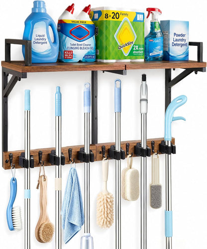 Lorbro Broom Holder Wall Mount with Cleaning Supplies Storage, Heavy Duty | 3 in 1 Broom and Mop Organizer Wall Hanging, Wooden Mop Organizer Hanger, Storage Shelves for Laundry Room, Garage