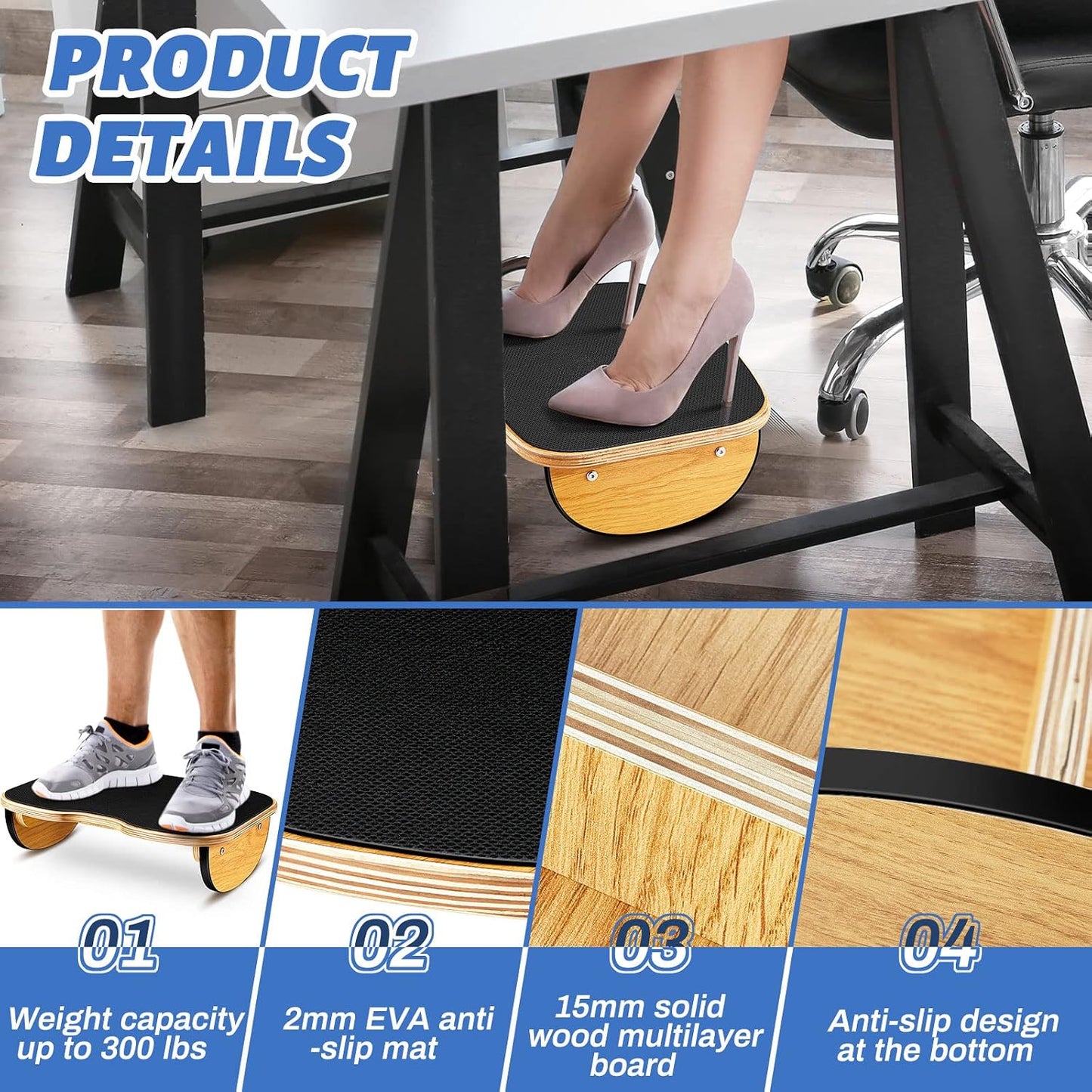 Ergonomic Wood Foot Rest for Enhanced Circulation Under Desk Wood Footrest Stool Rocker Balance Board for Supporting Relieving Leg Pressure, Home and Office Use, 15.8 x 11 x 4.3 Inches