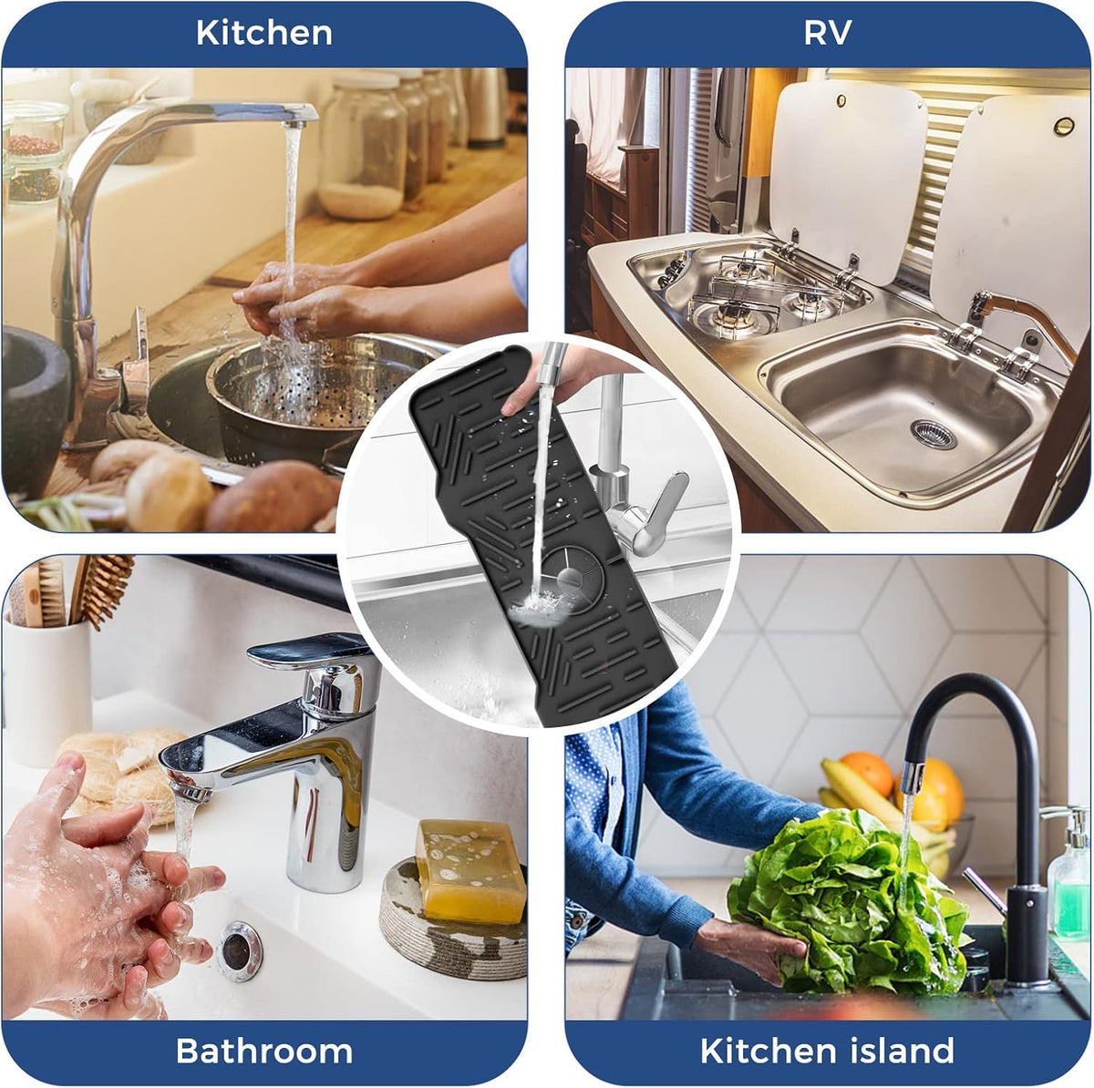 BFONS Silicone Faucet Handle Drip Catcher Drying Tray Mat Dish Soap Sponge Holder Accessories Gadgets for Kitchen Counter Bathroom Kitchen Sink Splash Guard -Grey