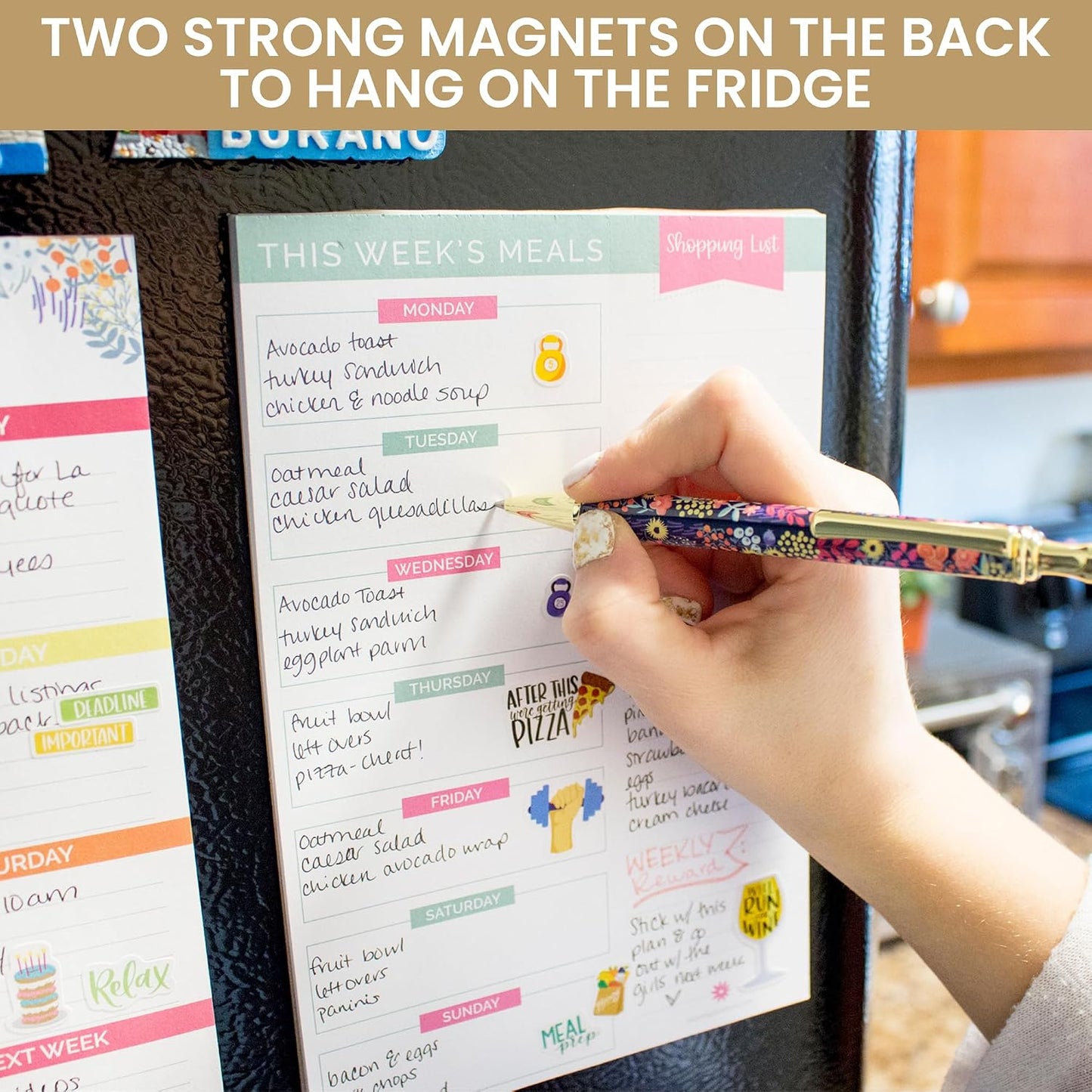 bloom daily planners Weekly Meal Planning Pad - Magnetic Hanging Refrigerator Menu Planner with Tear-Off Sheets & Perforated Grocery Shopping Lists - 6” x 9” (Pink Floral)