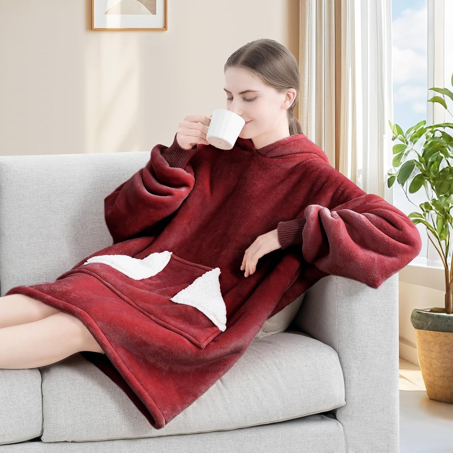 Wearable Blanket Hoodie, Oversized Sherpa Fleece Sweatshirt Blanket with Giant Hood Pocket and Sleeves for Adult, Warm & Cozy Grey Blanket Gifts for Women