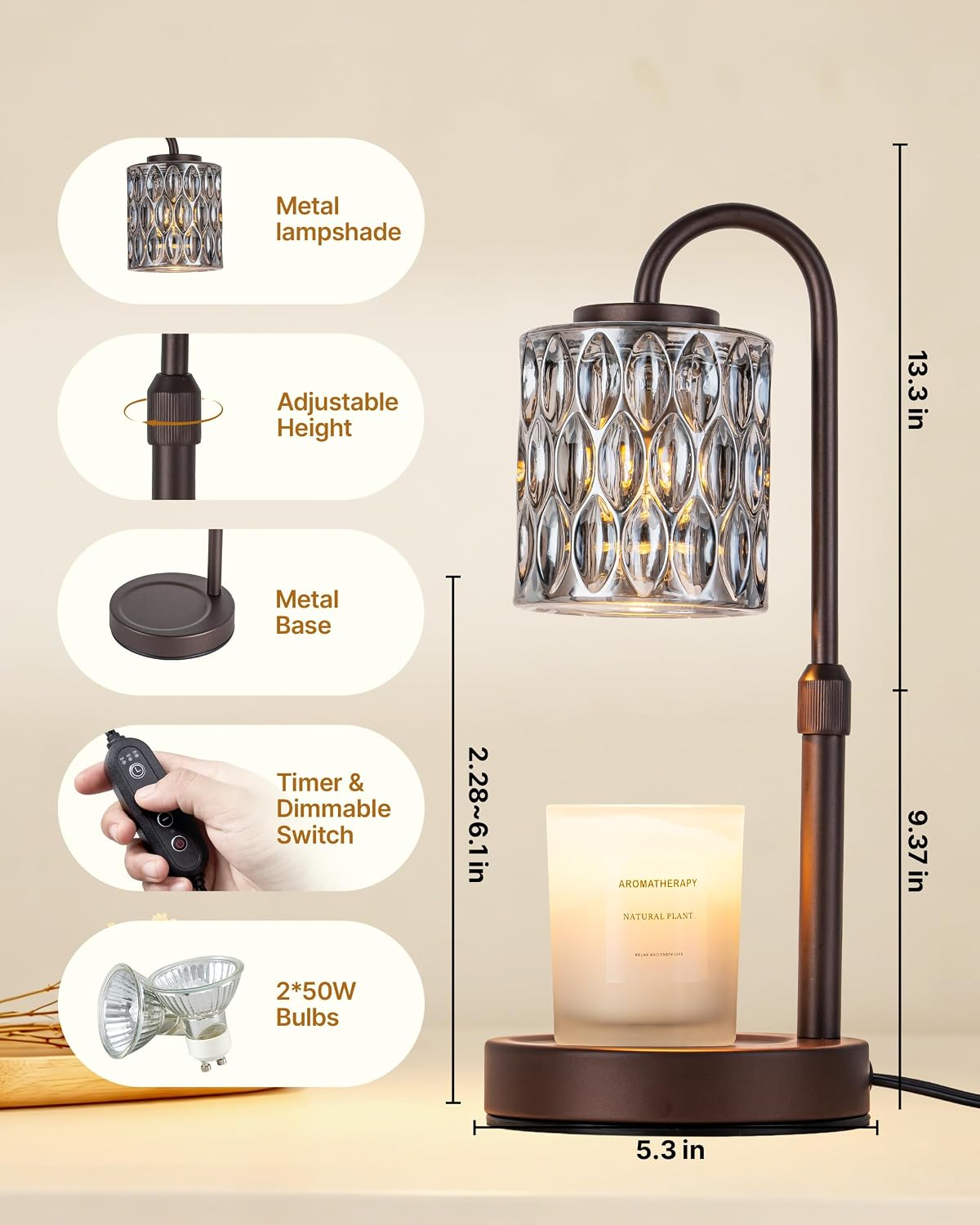 CASTLELIFE Dimmable Candle Warmer Lamp with Timer, Height Adjustable Candle Warmer for Jar Candles, Electric Wax Melt Warmer for Home Decor House Warming Gifts, Birthday Gifts for Women, Black Clear