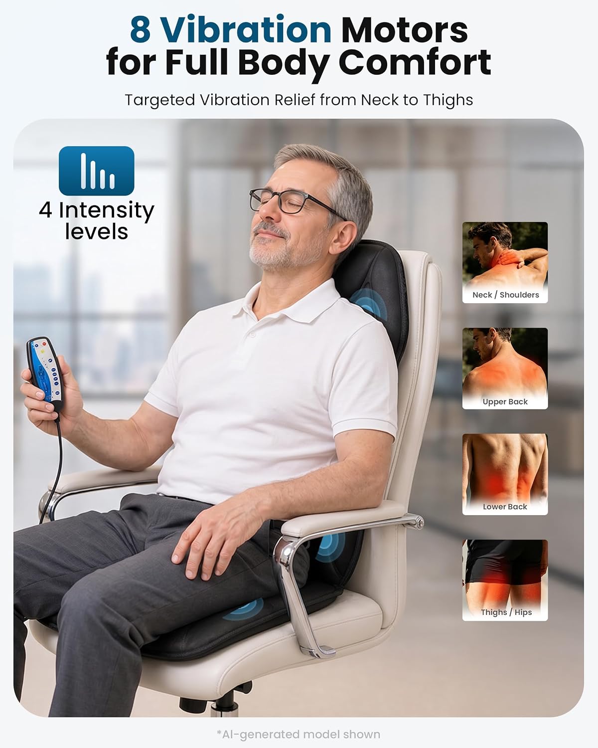 COMFIER Back Massager with Heat, Vibration Massage Seat Cushion with 8 Massage Nodes & 5 Modes, Adjustable Chair Massager Pad for Home Office, Heated Chair Pad, Gifts for Women Men Mom Dad