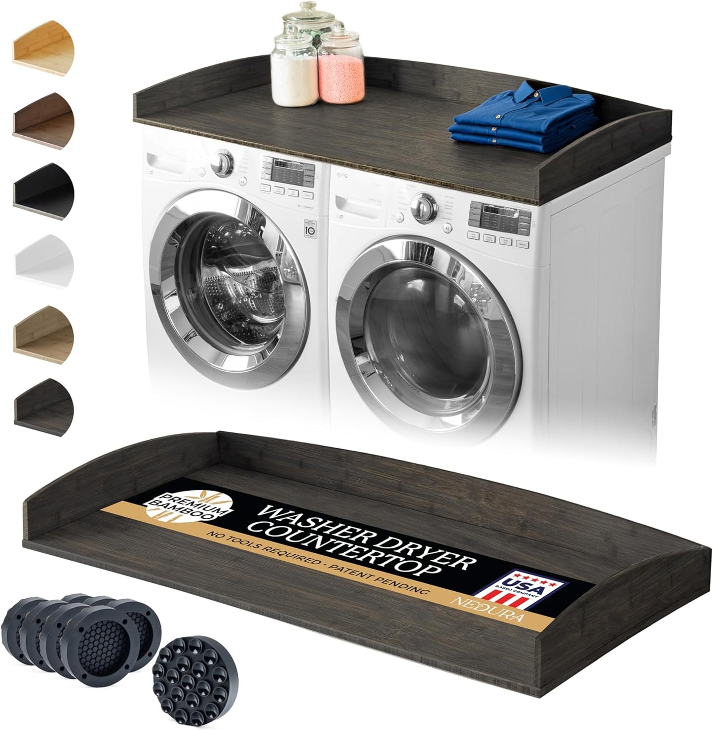 Nedura Washer Dryer Countertop with Anti-Vibration Pads, Curved Edge Rails, Premium Bamboo Laundry Countertop, Washer Dryer Topper, Laundry Room Organization, Laundry Room Accessory – Dark Walnut