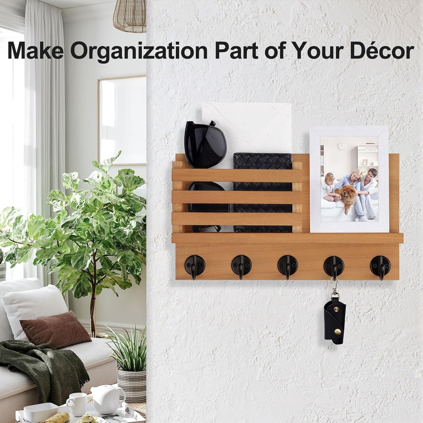 Lwenki Key Holder for Wall – Decorative Wooden Mail Holder and Key Shelf with Mounting Hardware, Installation Guide – Paulownia Wood with Metal Key Hooks (Black, Large - 11.8inch)