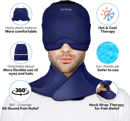 3 in 1 Migraine Relief Cap Neck Ice Pack Wrap Gel and Ice Eye Masks, Detachable Ice Caps with Eyes Masks, Hot and Cold Therapy for Relief of Headaches, Stiff Neck and Eye Fatigue (Purple)
