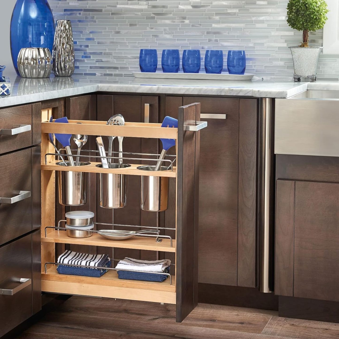 Rev-A-Shelf Pullout Organizer w/Soft-Close, Min Cabinet Opening 5.5" W | 5" W Slide Out Pantry Spice or Utensil Storage Rack w/BLUM Soft-Close & Adjustable Shelves for Base Cabinet, 448UT-BCSC-5C