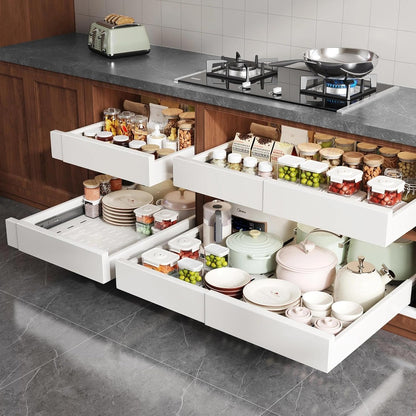 Seinloes Pull Out Cabinet Organizer,4-Side Expandable to Maximize Cabinet Space,Slide Out Drawers with 3 Rail Design,Roll Out Shelf with Raising Pad for Framed Cabinet,13"-21"W x 17"-24"D,White,2 Pack