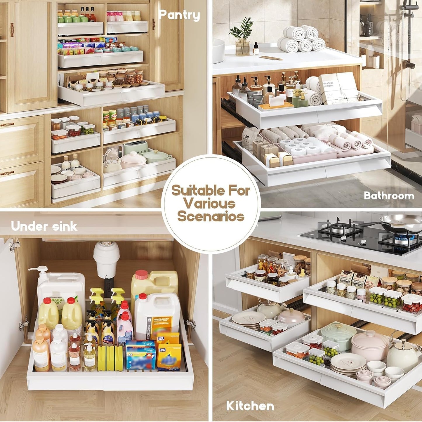 Seinloes Pull Out Cabinet Organizer, 4-Side Expandable to Fit Most Cabinets, 3 Rail Slide Out Drawers with Raising Pad for Framed & Frameless Cabinets, 13"-21" W x 17"-24" D, White, 2 Pack
