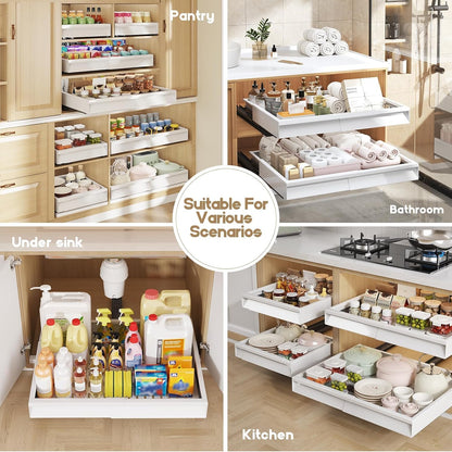 Seinloes Pull Out Cabinet Organizer, 4-Side Expandable to Fit Most Cabinets, 3 Rail Slide Out Drawers with Raising Pad for Framed & Frameless Cabinets, 13"-21" W x 17"-24" D, White, 2 Pack