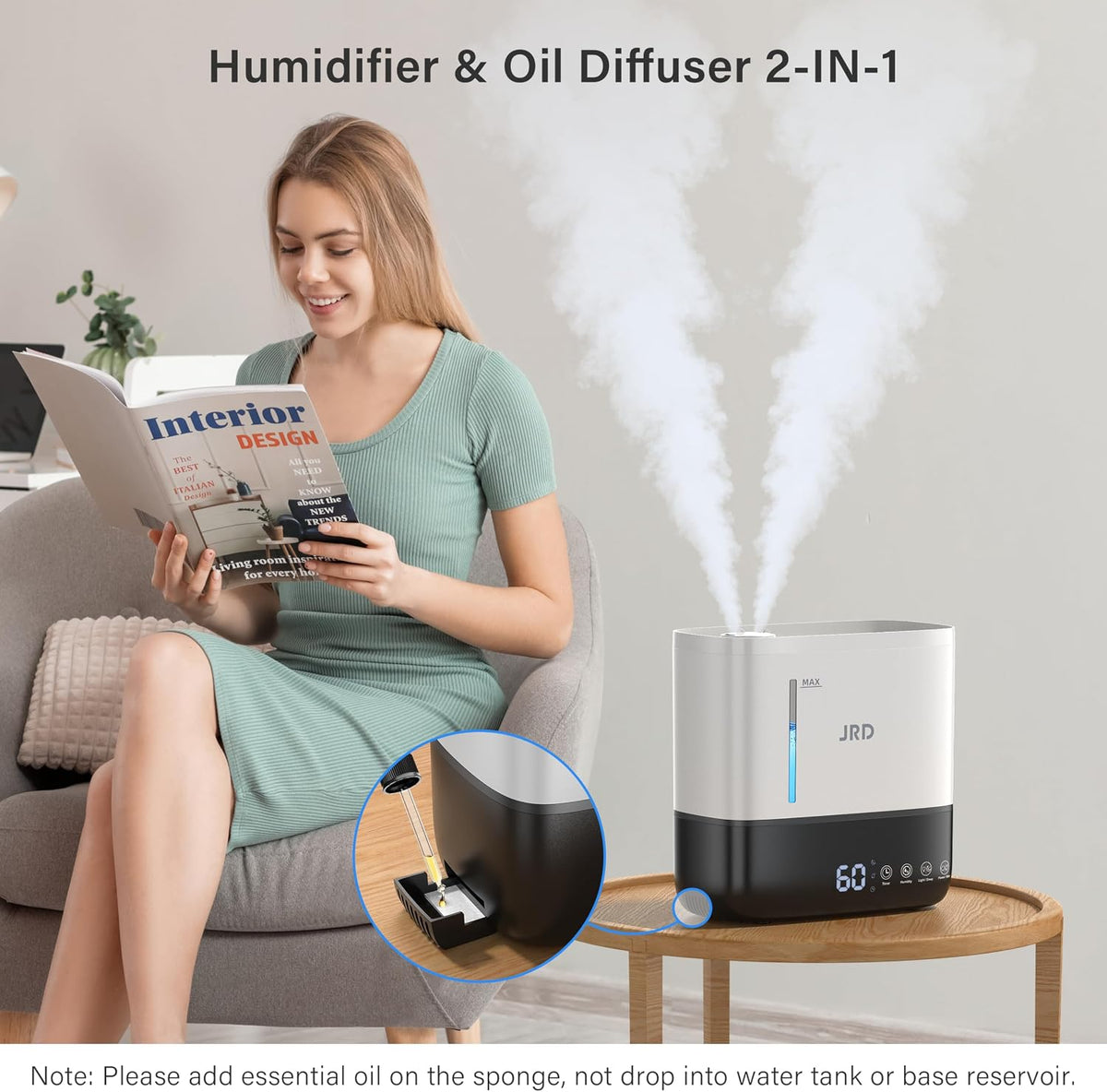 JRD Humidifiers 4L for Bedroom, Cool Mist Humidifier for Large Room, 40H Runtime, Night Light, 360° Nozzlefor Home, Office, Baby Nursery, Plants