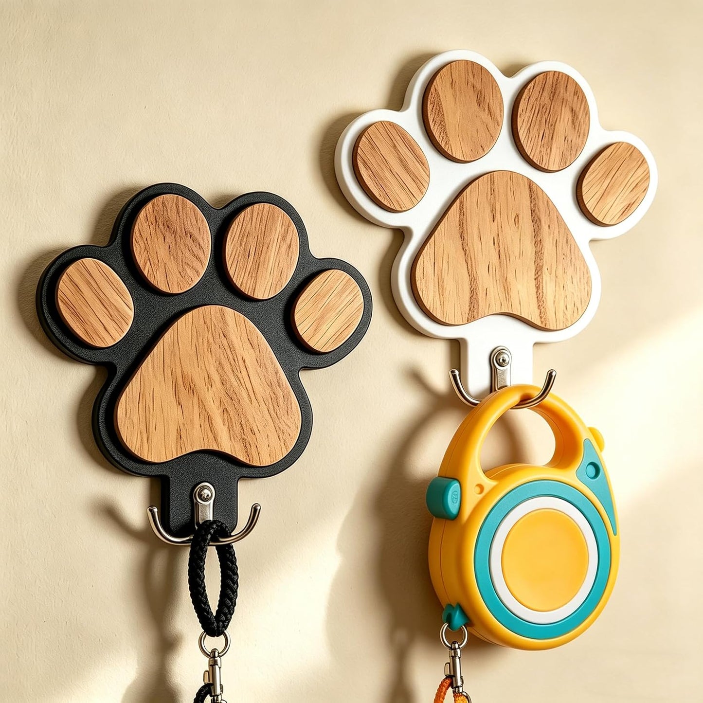 2PC 3D Wooden Dog Paw Leash Holder for Wall, Set of 2 Rustic Dog Harness & Key Organizer, Decorative Pet Paw Hooks for Leashes, Collars & Coats, Ideal Pet Lover Gift for Entryway & Mudroom