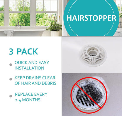 Hairstopper Drain Cover Hair Catcher for Shower and Bathtub, Protects Against Clogs Without Blocking Water Flow, White, 3 Pack | Protects Against Clogs Without Blocking Water Flow, Fits Most Standard Size Shower and Bathtub Drains, 3 Pack
