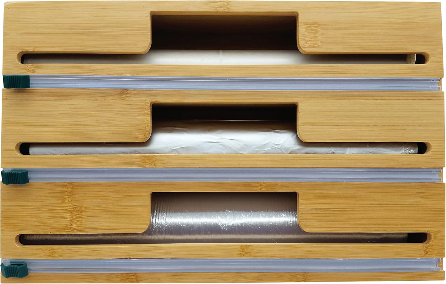 HELIA Bamboo Kitchen Wrap Organizer | Wall Mounting Solid Bamboo Foil and Plastic Wrap Dispenser with Sliding Cutters | Aluminum Foil and Plastic Wrap Dispenser with Cutter