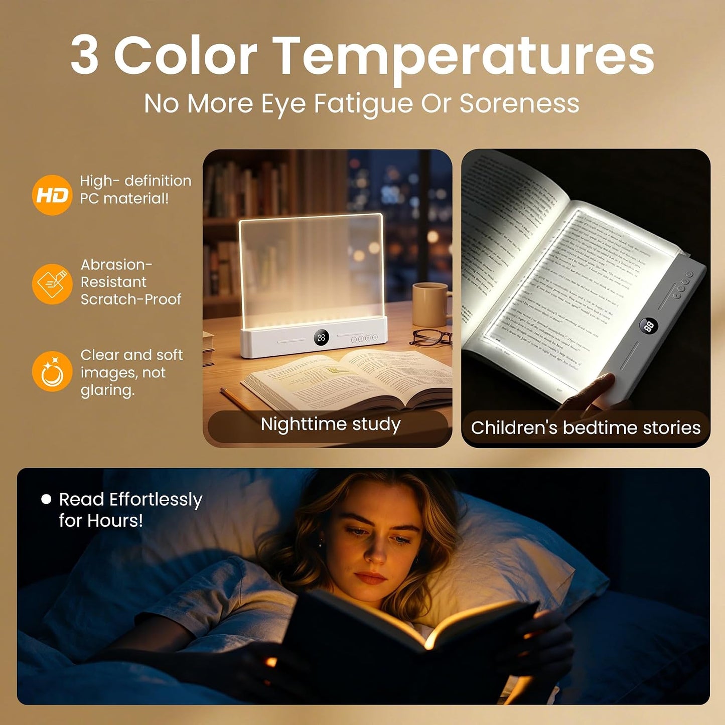 Book Light, Rechargeable LED Book Light for Reading in Bed, Clear Flat Panel Full Page Light, 3 Color Temperatures &Timer, Eye-Caring Night Reading Lamp, Book Gifts for Readers Women Kids