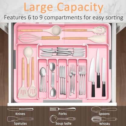 Large Silverware Drawer Organizer Expandable Kitchen Utensil Organizer BPA Free Flatware Cutlery Holder Tray Adjustable Plastic Drawer Divider Storage for Forks Knives 6-9 Slots White