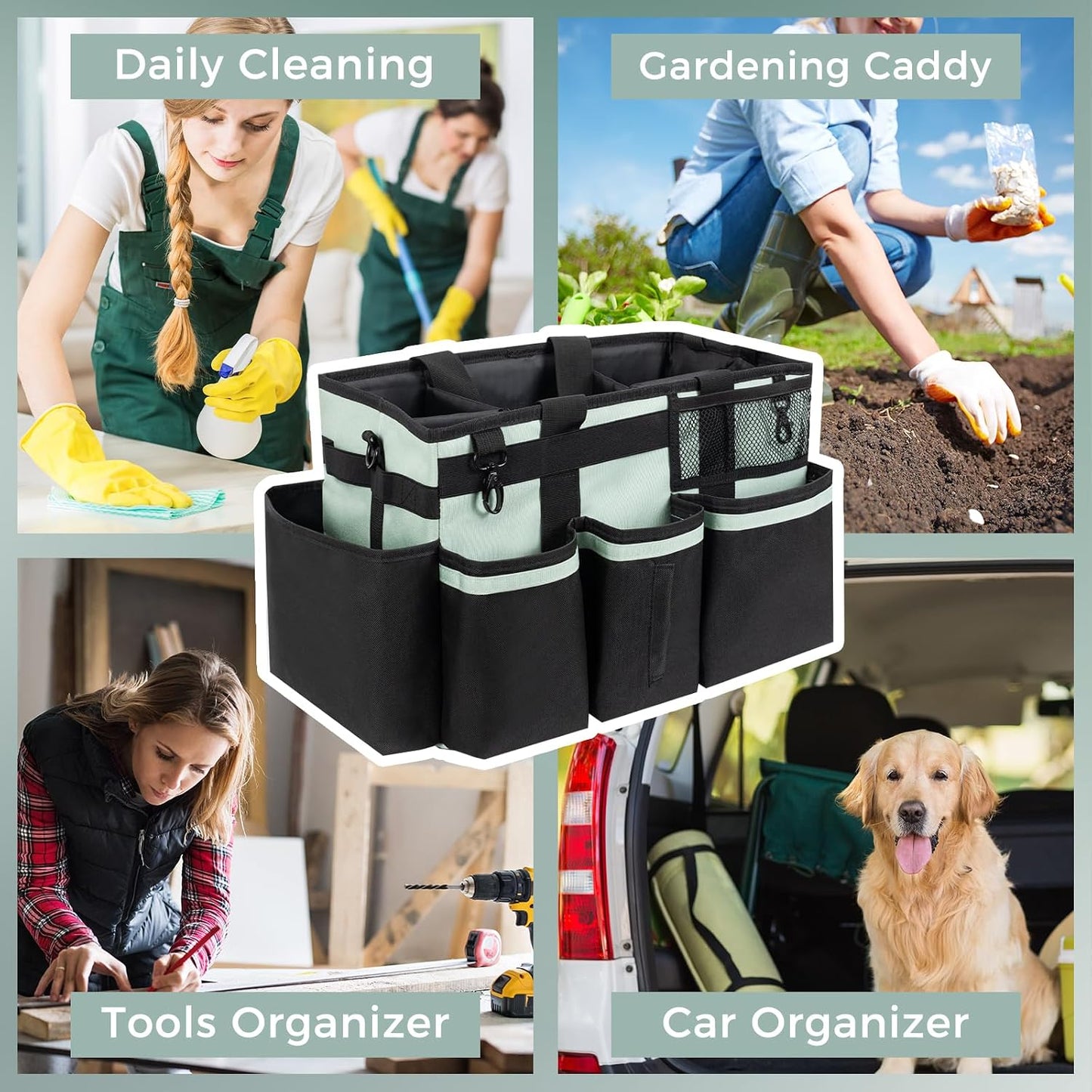 SCAVATA Wearable Cleaning Caddy, Cleaning Caddy Supplies Organizer with Handle & Shoulder Straps for Housekeepers, Under Sink & Car Cleaning Tool Organizers Bag with 4 Foldable Divider (NavyBlue)