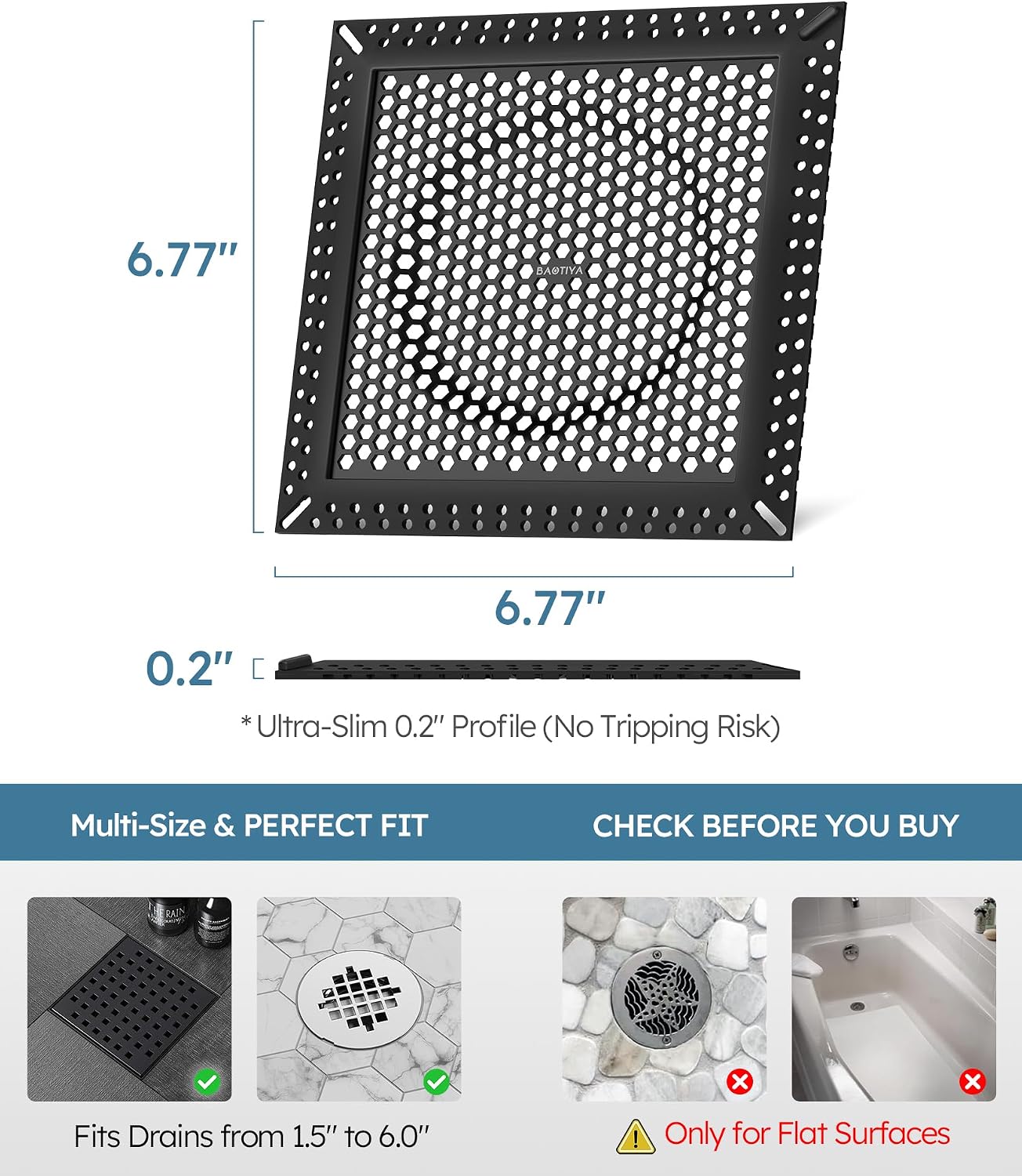 Square Shower Drain Hair Catcher, Anti-Clogging, Gray, 4 inch | Fast Drainage, Anti-Slip & Stays in Place, Stainless Steel & TPE Material, Easy Clean Fits Bathroom Hair Catcher for Shower