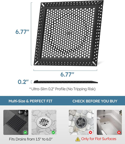 Square Shower Drain Hair Catcher, Anti-Clogging, Gray, 4 inch | Fast Drainage, Anti-Slip & Stays in Place, Stainless Steel & TPE Material, Easy Clean Fits Bathroom Hair Catcher for Shower