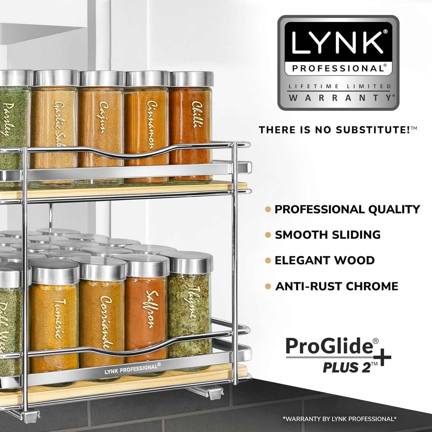 LYNK PROFESSIONAL® Pull Out Spice Organization for Cabinets - 4-3/8 inch Wide – Spice Rack for Inside Cabinets, Slide Out Spice Rack Organizer for cabinet – Pull Out Spice Rack, Sliding 2 Tier Chrome