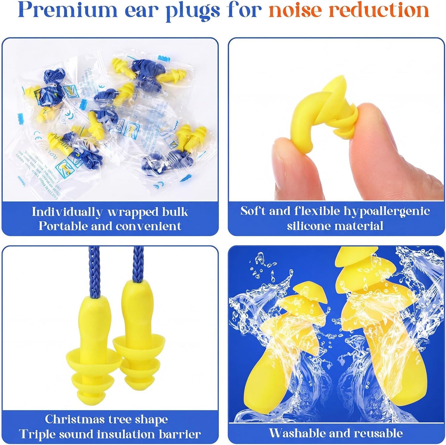 Relaxweex 500 Pairs Corded Ear Plugs Bulk 25dB NRR Reusable Silicone Ear Plug with String Individually Wrapped Earplugs for Sleeping Noise Reduction Hearing Protection Shooting Work (Blue Yellow)