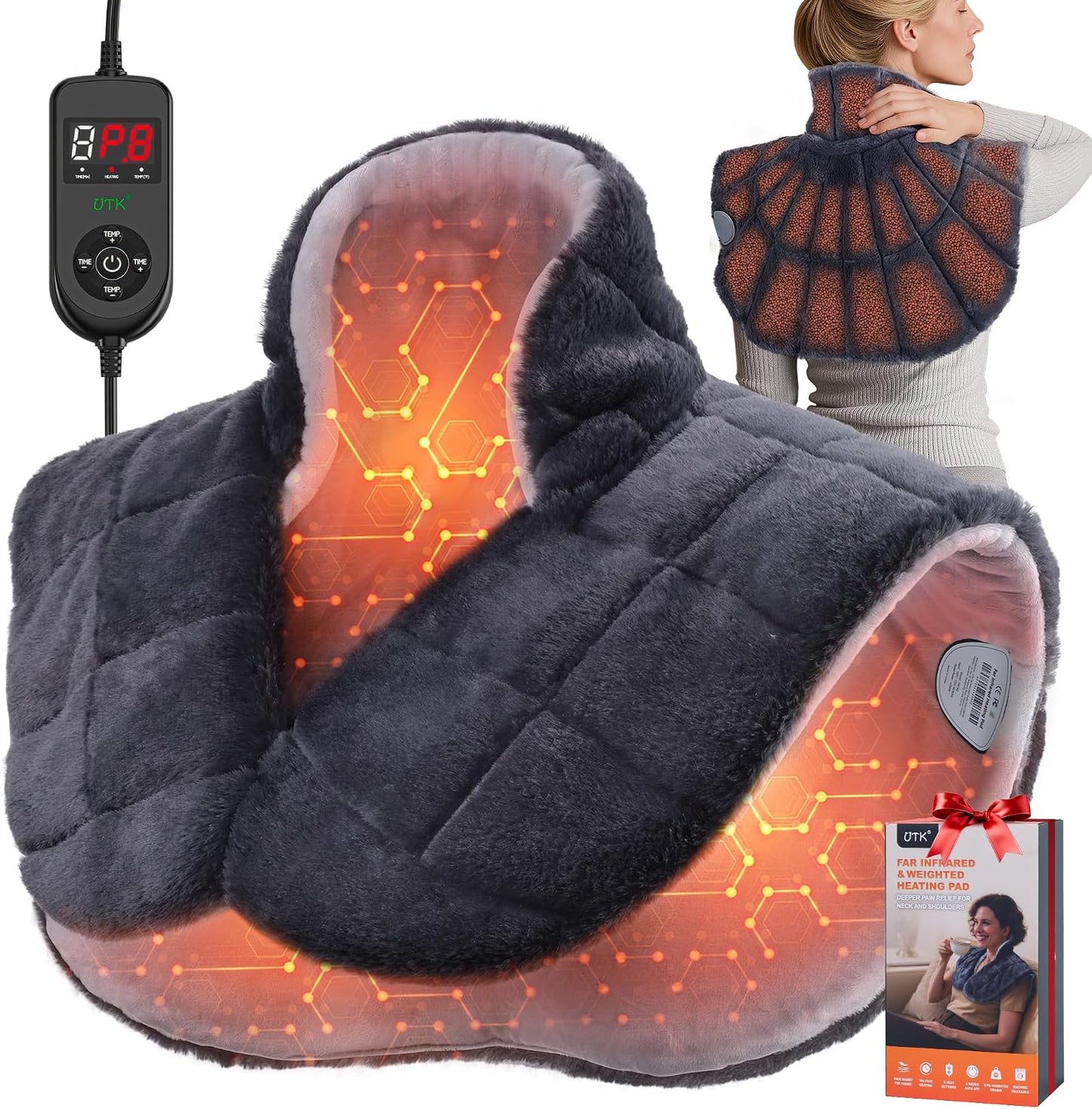 UTK Weighted Heating Pad for Neck Shoulder and Back Pain, 30s Fast Heat | Plush Faux Rabbit Fur; 6X Deeper Far Infrared Pain Relief; 8 Heat Settings, Up to 159°F; Grey, 24x20 in; Gift for Women & Men