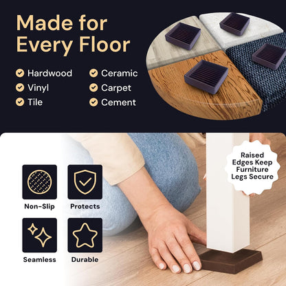 Non-Slip Furniture Pads - 4x4 in Brown, 4 Pack | Square rubber caster cups - anti-skid - Use for heavy sofas, beds & chairs on hardwood floors