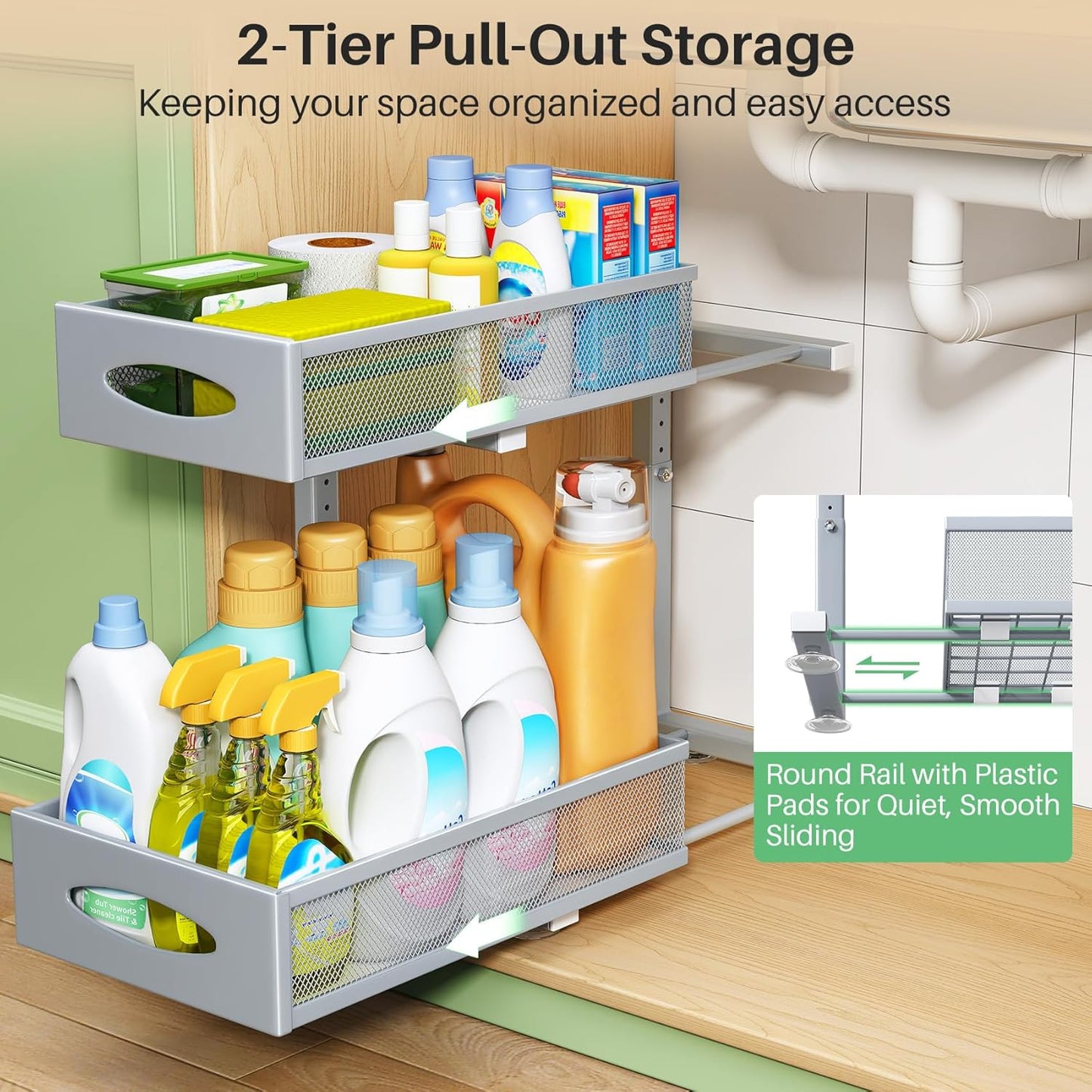 Under Sink Organizer, 2 Tier Pull out Cabinet Organizer Baskets with Mesh Sliding Drawers, Slide out Storage Shelf for Home, Kitchen, Bathroom, Pantry, Office Cabinet, Countertop(1 Pack)