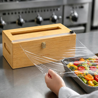 Libreshine 12-Inch Bamboo Plastic Wrap Dispenser with Cutter for Large Roll | Fits many 3000 ft plastic wrap and 1000 ft foil rolls, including Kirkland Signature rolls sold at Costco