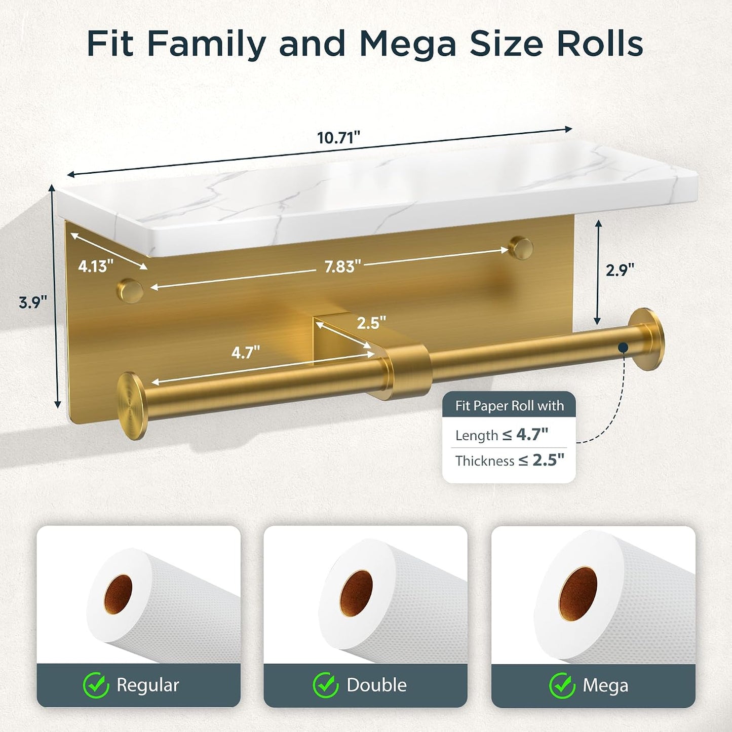 FORIOUS Toilet Paper Holder with Shelf, Natural Marble, Commercial | Brushed Nickel, Wall Mount 304 Stainless Steel Commercial Bathroom Tissue Roll Dispenser, Heavy Duty Washroom Paper Storage