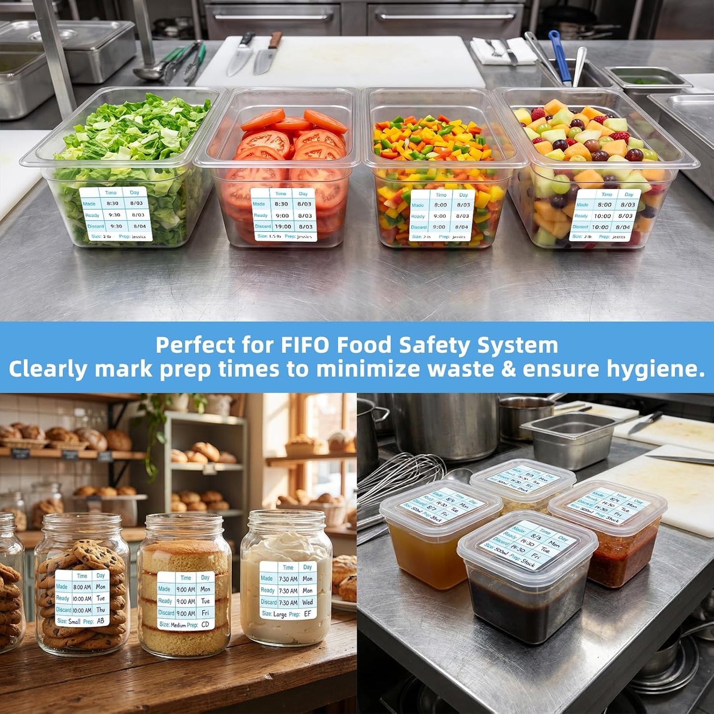 L LIKED 250 Pcs Made/Ready/Discard Dissolvable Labels 2"x2" Blue | BPA-free, microwave & dishwasher safe. -40~150°F. Includes dispenser box. For preparation, pantry, restaurant & meal prep