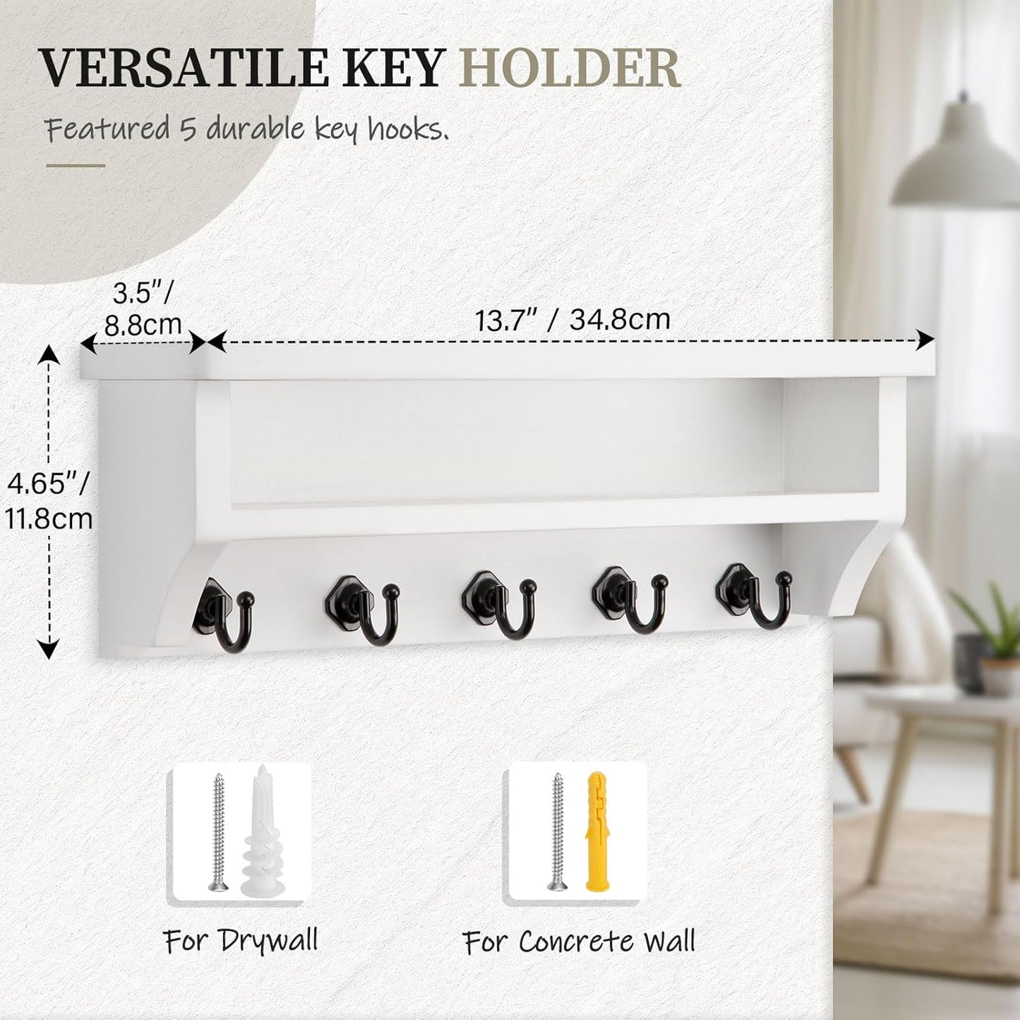 Nekon Key Holder Wall Mount, Wall Organizer Shelf with 5 Key Hooks | Wall Mounted Key Rack Room Decor for Home and Apartment Essentials