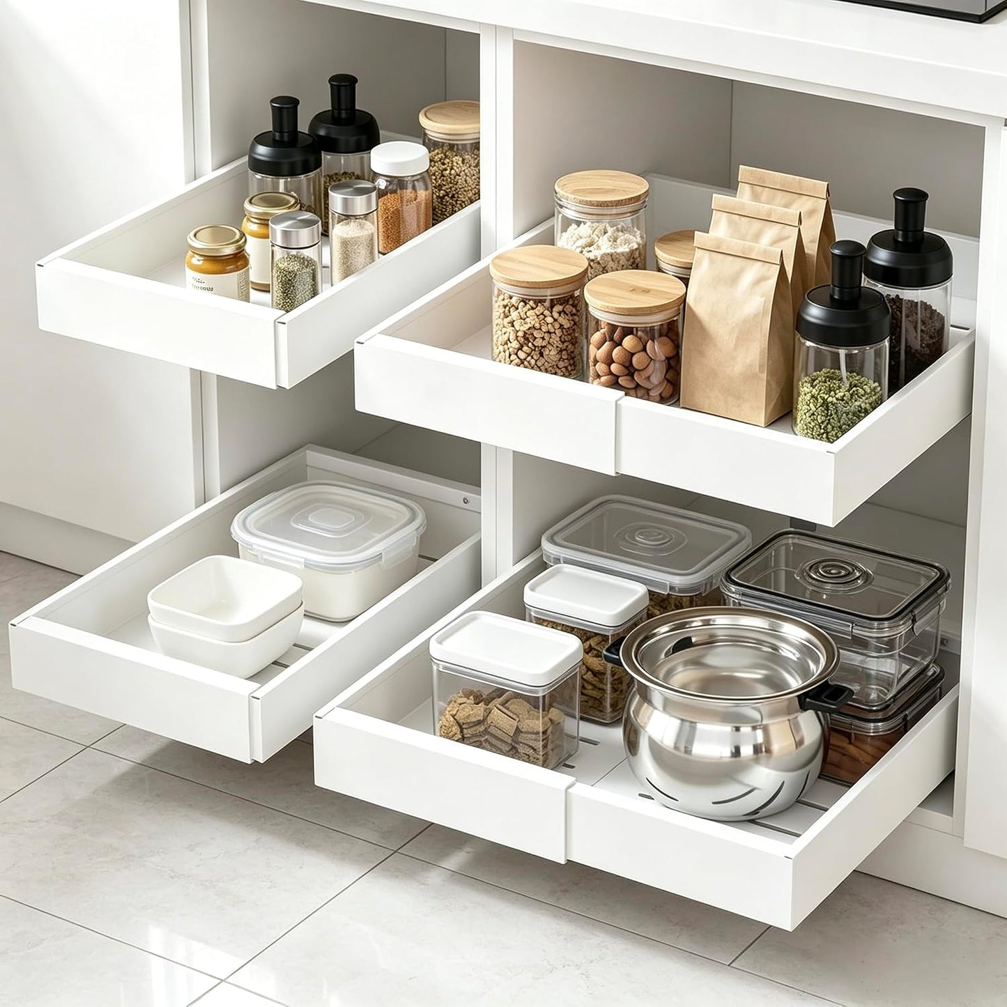4 Pack Expandable Pull Out Cabinet Organizer | fixed by nano adhesive film,heavy duty sliding drawer,suitable for kitchen,pantry cabinet storage
