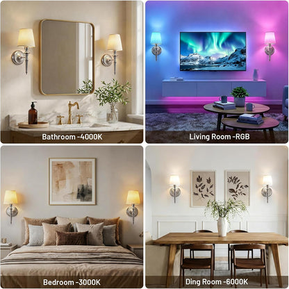 Battery Operated Wall Sconces Set of 2, Wireless Rechargeable Wall Lights with 12 RGB Colors and 3CCT Dimmable, Small Fabric LED Wall Lamps for Bedroom, Living Room, Hallway, Gold