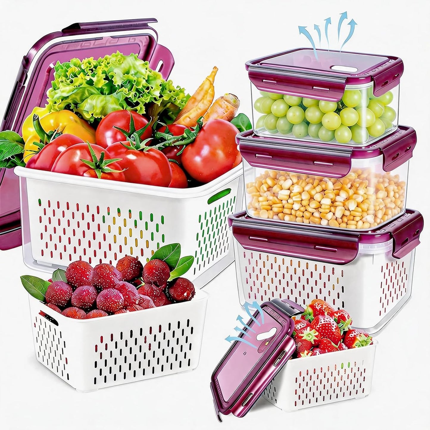 8 Pieces Fruit Storage Containers for Fridge with Lids and Strainer | 4Pack Fruit Containers for Fridge, Fresh Produce Saver Keeper for Vegetable Fruit Salad, BPA Free Organizer for Refrigerator