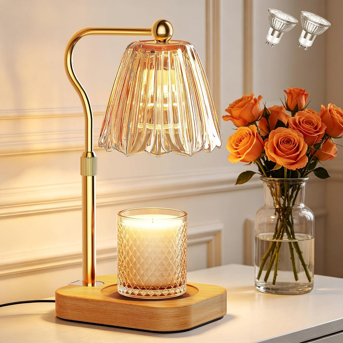 Candle Warmer Lamp with Timer Dimmer, Modern Wax Warmer for Scented Wax Jar Candle Warmer with 2 Bulbs, Adjustable Height Glass Lamp for Gifts for Women, Home Decor, Gold Amber