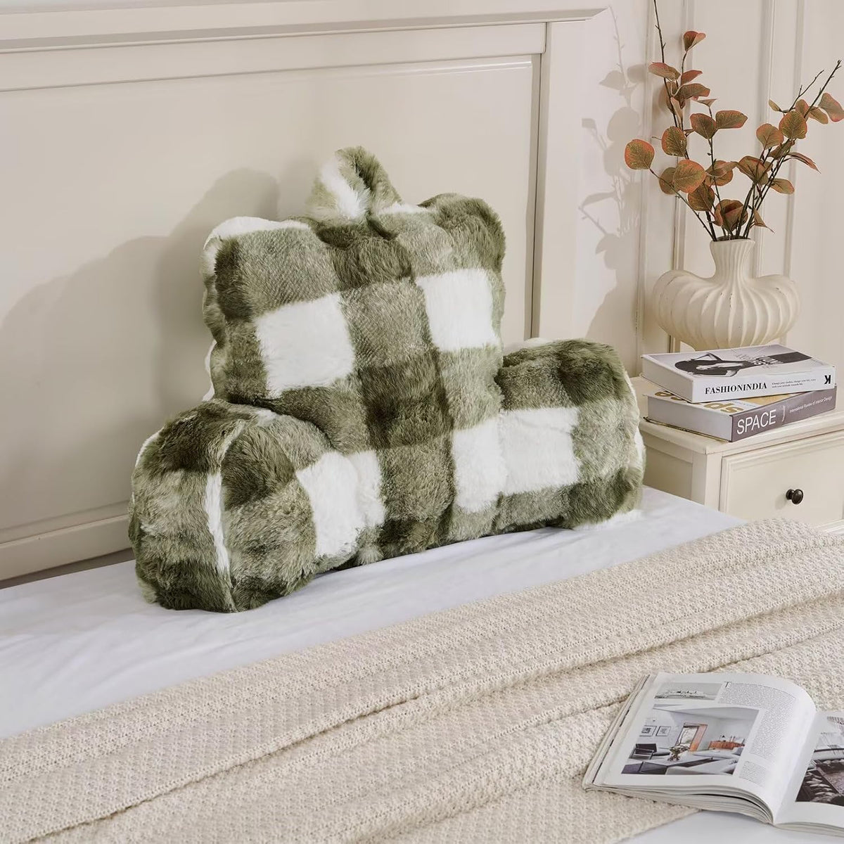 Reading Pillows for Boyfriend Adult,Velvet Back Pillow Bed Wedge Large, Back Rest Support Cushion for Sitting Up in Bed/Couch for Bedrest 18inch-Sage Green Grid Print