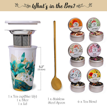 Harmoleaf Tea Gift Set for Women, 6 Loose Leaf Tea Blends with Blue Lily Insulated Ceramic Cup, Stainless Steel Infuser, Lid and Gold Spoon, Birthday, Mother's Day, Anniversary, Retirement Gift for Her