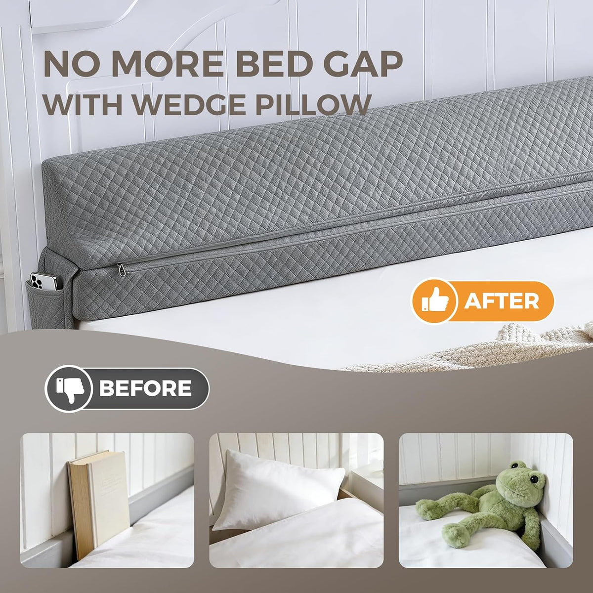 Bed Wedge Gap Filler Queen Size, Wedge Pillow for Headboard Gap, 60×10×6 in
