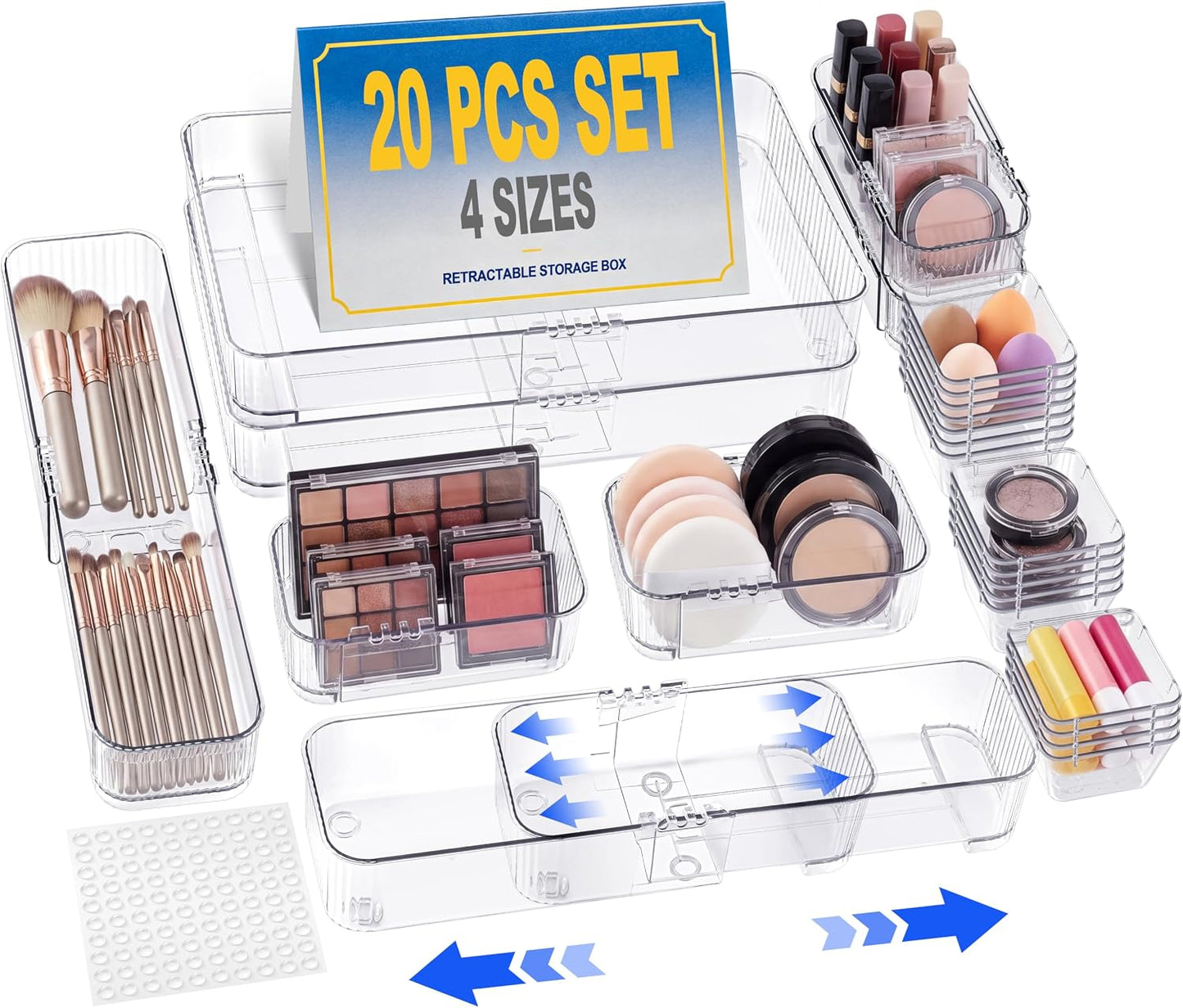 Aneco 14 Pieces Extendable Clear Drawer Organizer Adjustable Vanity Storage Box 4-Size Desk Drawer Divider Acrylic Storage Bins for Makeup, Cosmetic, Jewelries, Bedroom Kitchen Utensils Gadgets