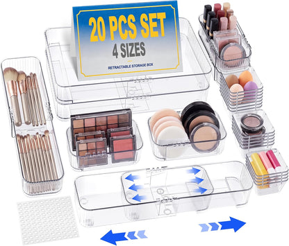Aneco 14 Pieces Extendable Clear Drawer Organizer Adjustable Vanity Storage Box 4-Size Desk Drawer Divider Acrylic Storage Bins for Makeup, Cosmetic, Jewelries, Bedroom Kitchen Utensils Gadgets