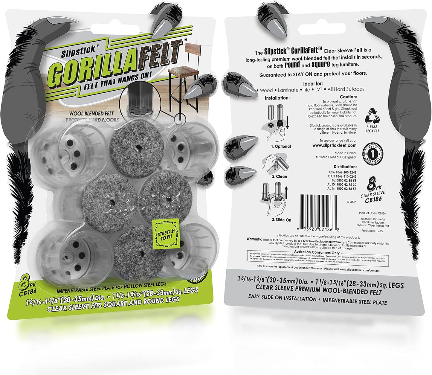Slipstick Gorilla Felt Furniture Pads (189 Piece Variety Pack) Premium Furniture Pads & Chair Leg Floor Protectors for Hardwood Floors & Hard Surfaces